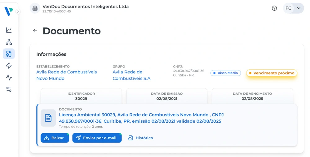 Prévia com tema claro de detalhes de um documento na VeriDoc